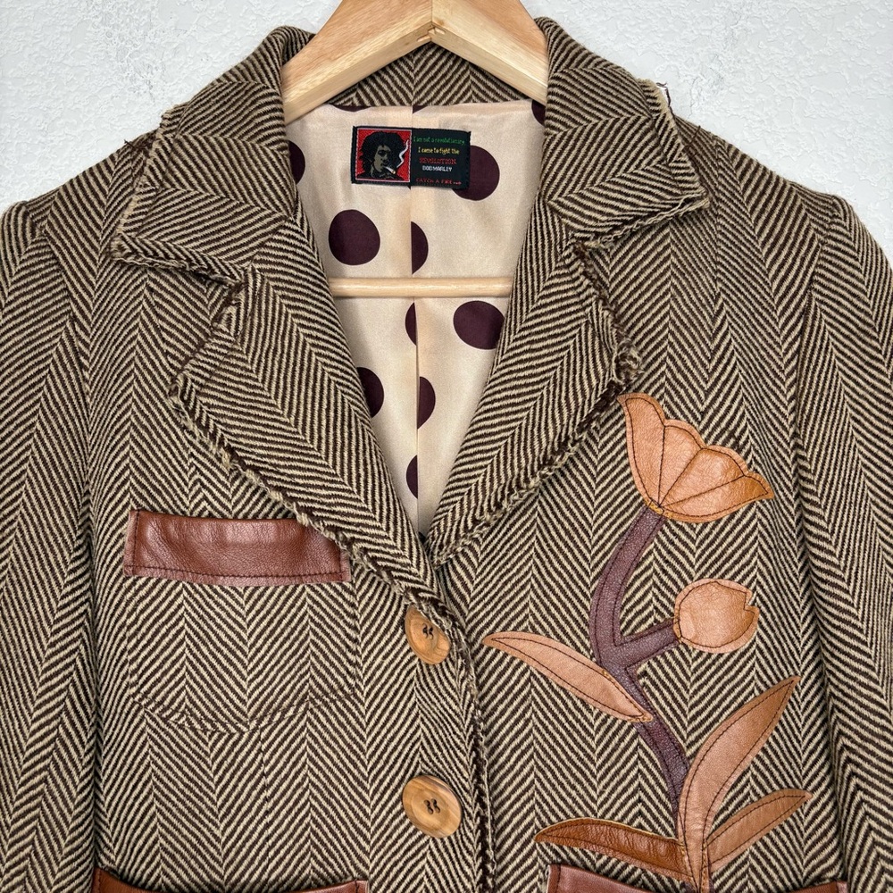 Bob Marley Wool Herringbone Blazer with Brown Leather Accents sz 4 - Picture 2 of 15